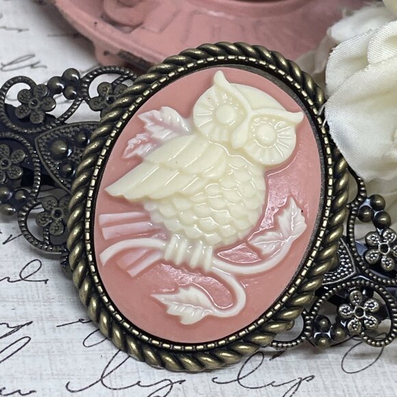 Peach FESTIVAL Owl Barn Tree Gothic Green Wh Cameo Wedding Prom Pin Hair Clip - Picture 5 of 10